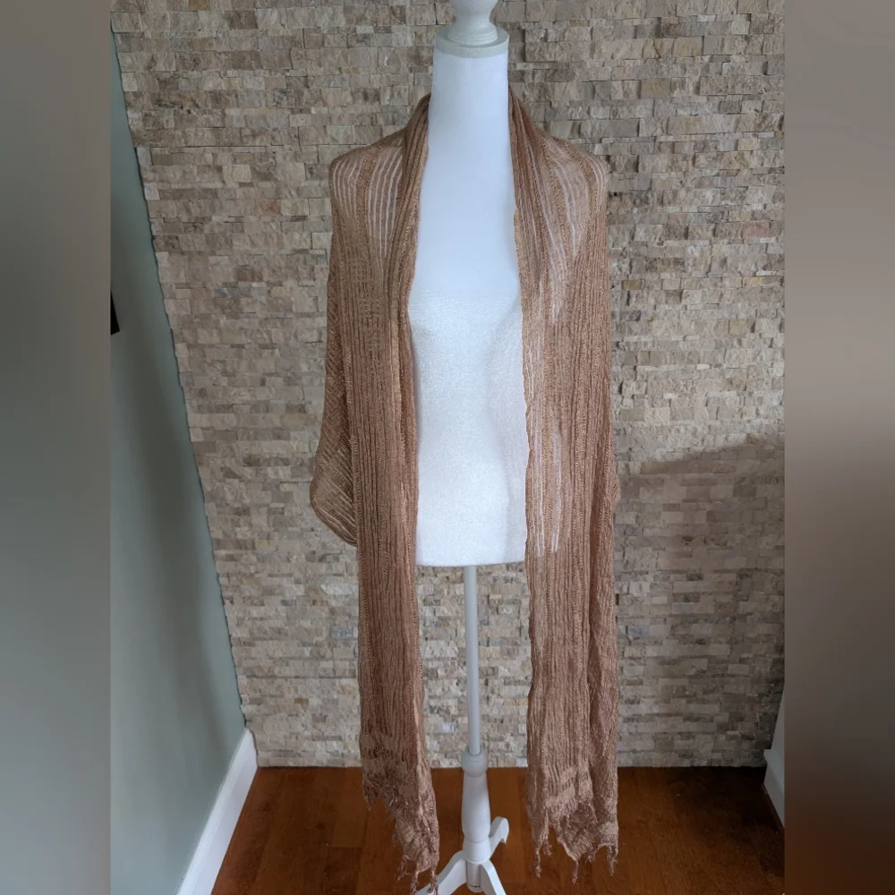 Camel Tan Boho Textured Fringe Shawl Sheer Lightweight Neutral Scarf Eco Fairy